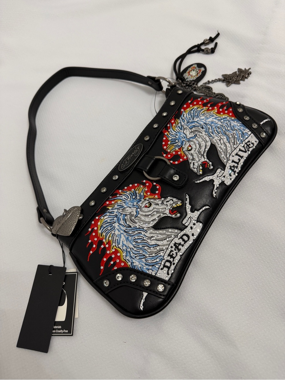 Ed Hardy Black Shoulder Bag with Embroidered Unicorns and Red Flame Accents
